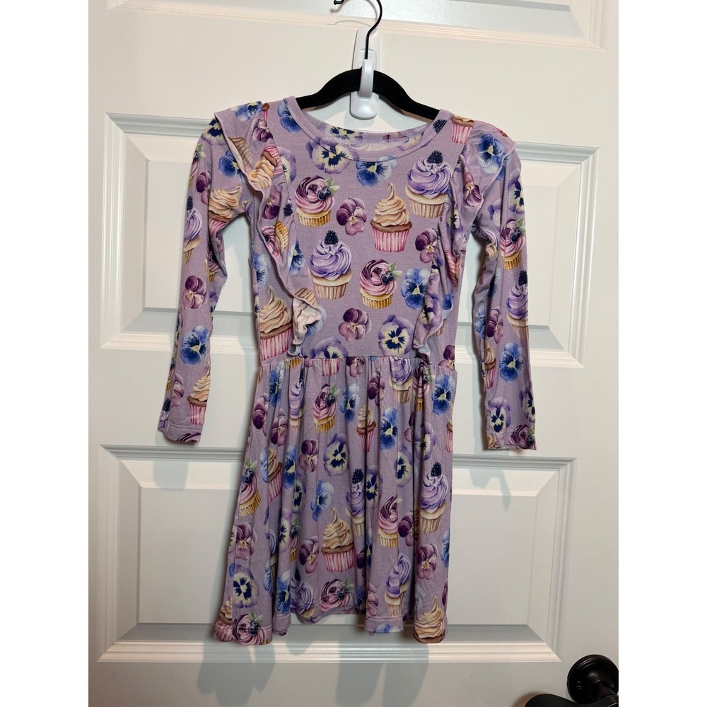 LEVbaby Girls Purple Cupcake Pansy Bamboo Ruffle Long Sleeve Dress 4T